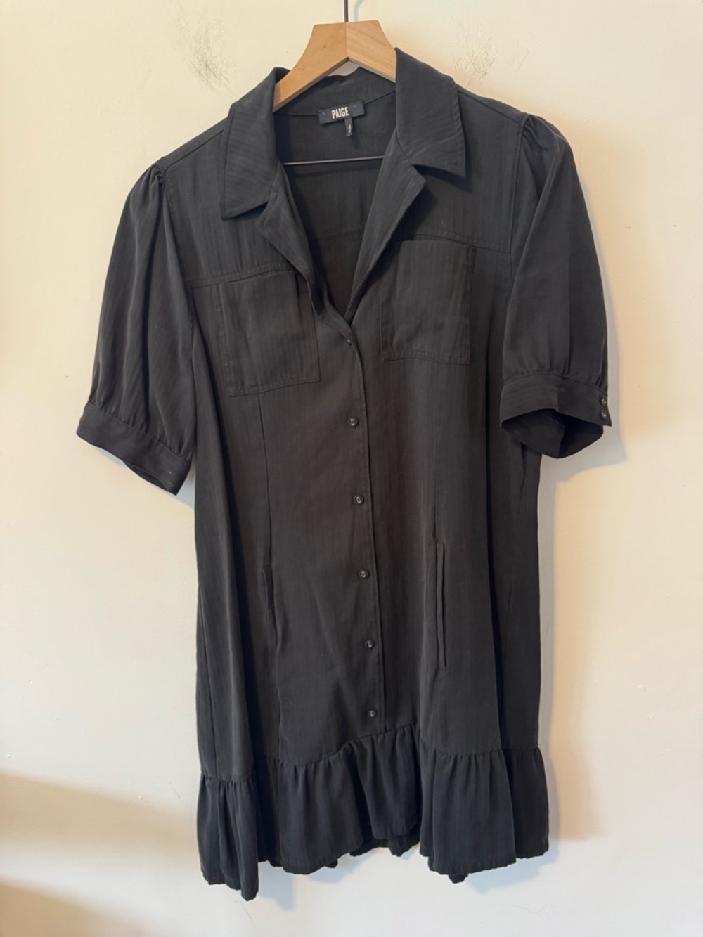 PAIGE Black Button-Front Short Sleeve Ruffle-Hem Dress Medium